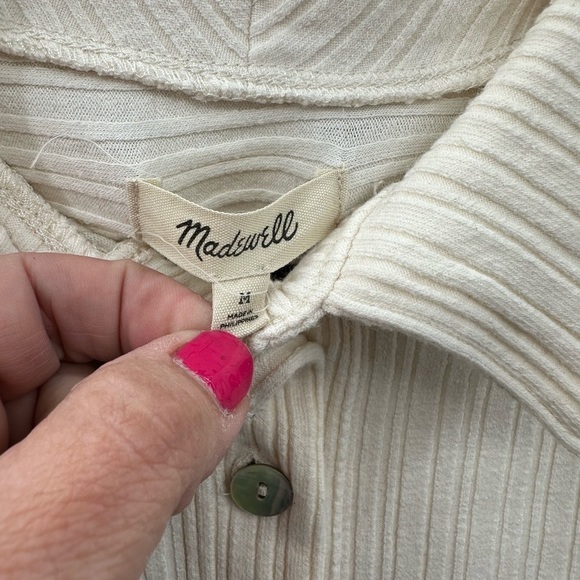 MADEWELL VARIEGATED Ribbed boxy cream 1/4 button stretchy polo.  MEDIUM - Picture 6 of 12